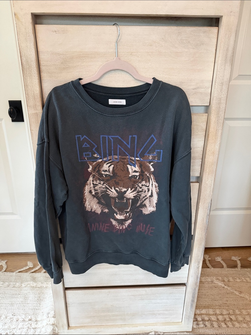 Anine Bing Charcoal Crewneck Sweatshirt with Tiger Graphic